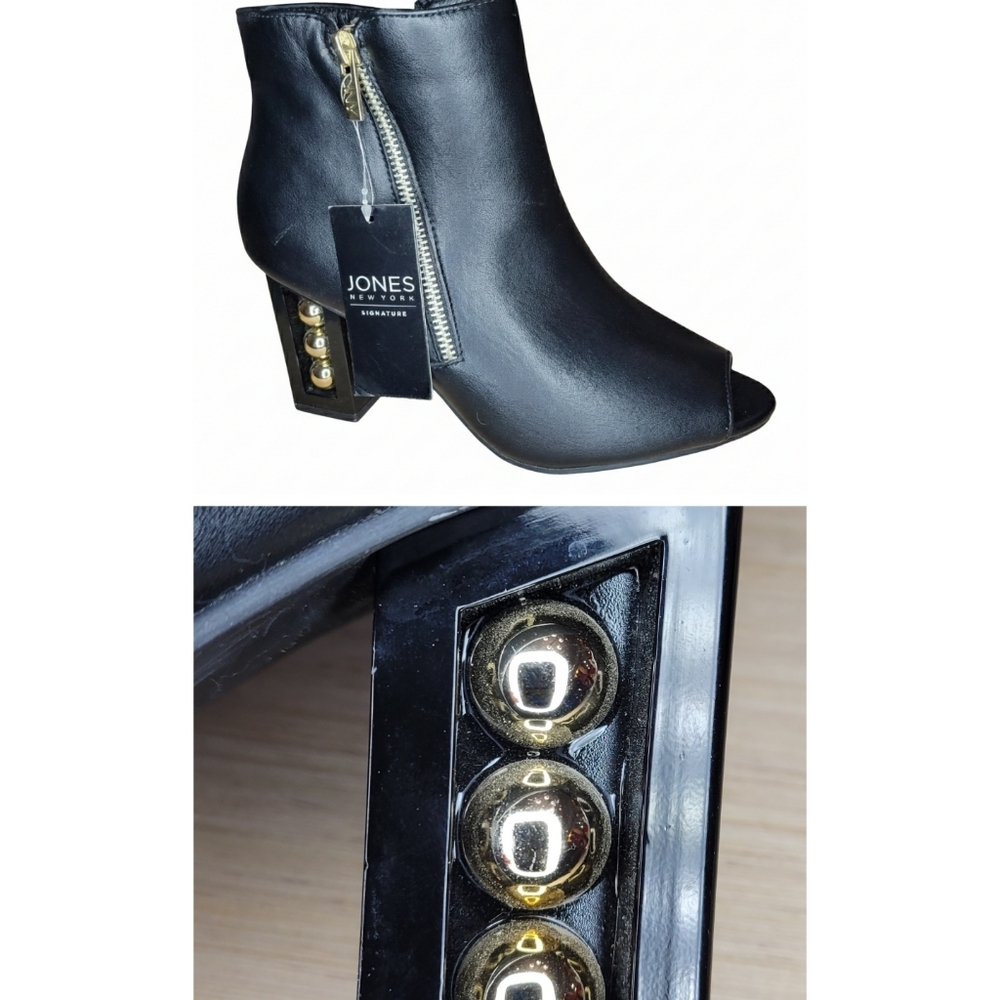 NWT Jones New York Open Toe Booties Dimensional Gold Ball Heel Black 8